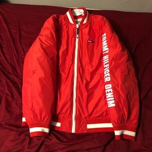 Tommy Hilfiger Denim Red And White Bomber Jacket